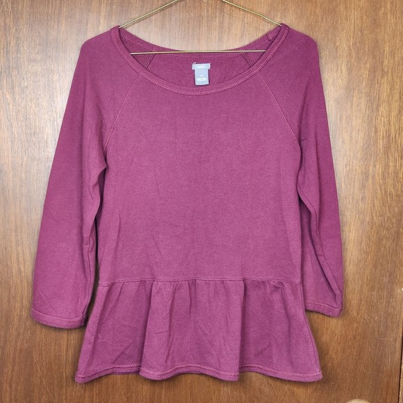 Aerie Woman’s 3/4 Sleeve Wine Peplum Round Neck Sweater Size Medium - Picture 2 of 5